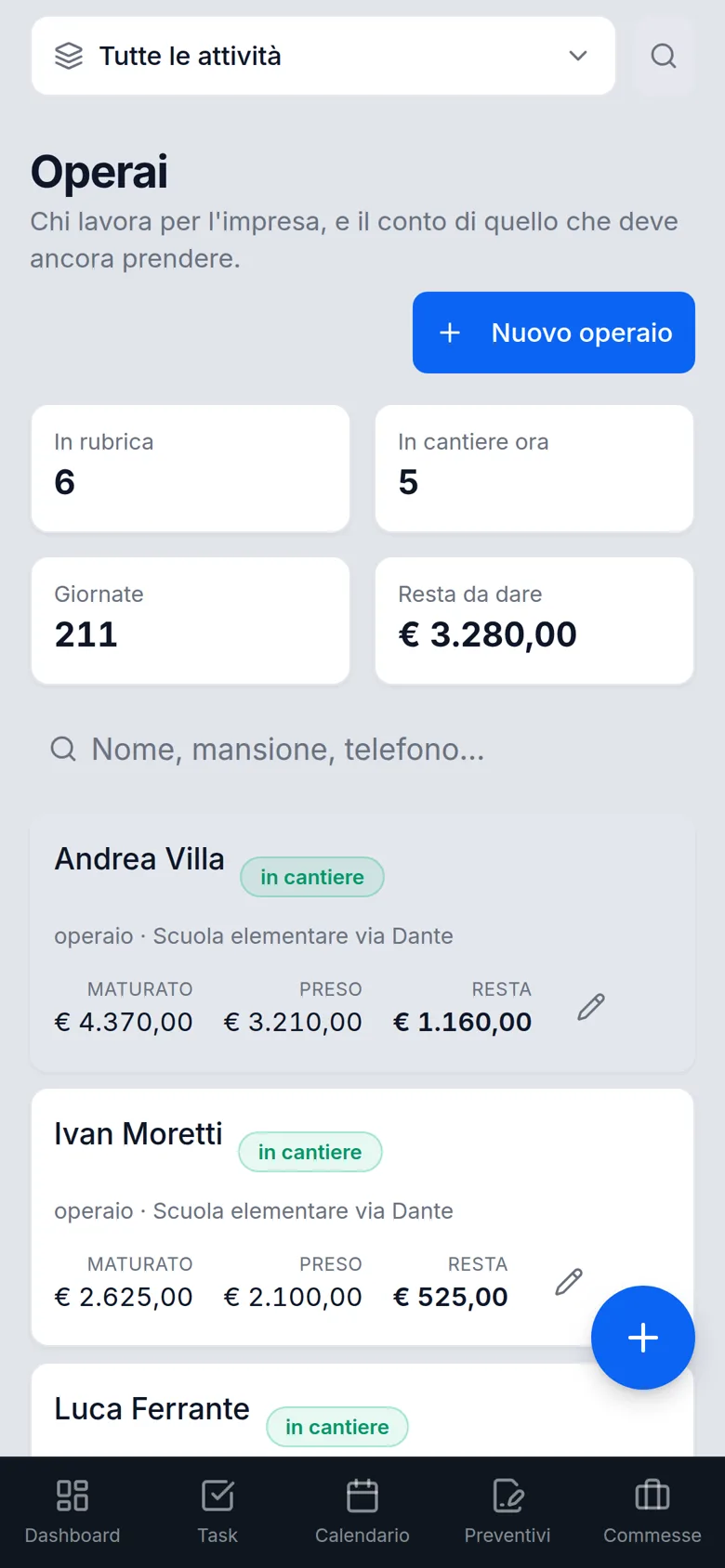 ZONA sul telefono: la pagina Operai (dati di esempio)